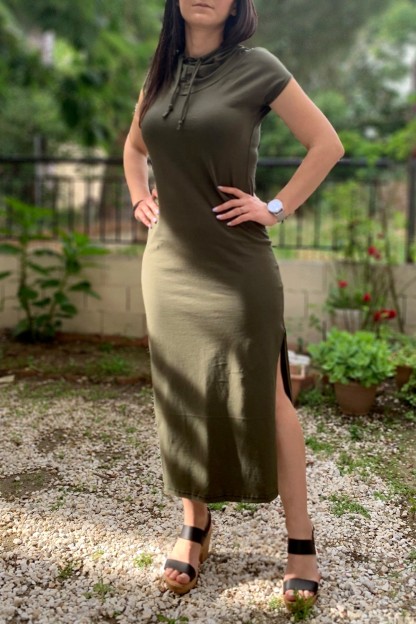 Χακί μακρύ φόρεμα με κουκούλα