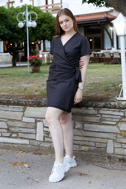 Ανθρακί mini κρουαζέ φόρεμα με φιόγκο