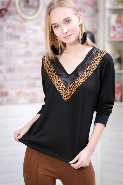 Μαύρη Μπλούζα Με Λεοπάρ Λεπτομέρειες Chiccy