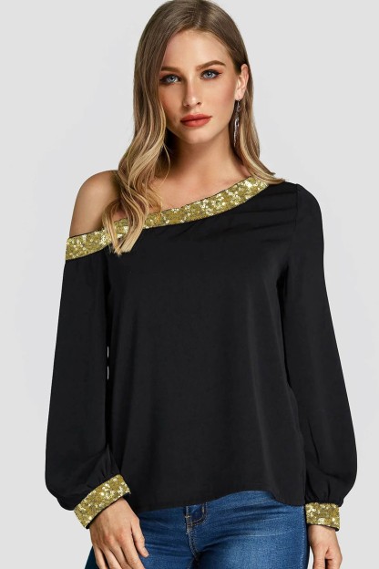 Μαύρη Μπλούζα Με Ανοιχτό Ώμο Και Χρυσές Παγιέτες
