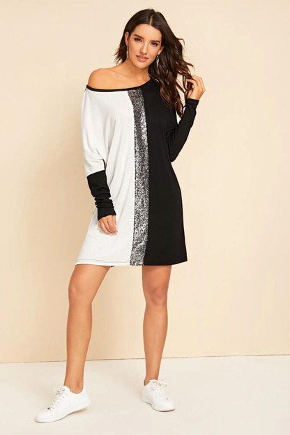 Ασπρόμαυρο Μακρυμάνικο Φόρεμα Με Ρίγα Από Ασημί Παγιέτα