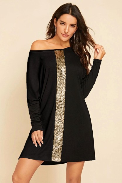 Μαύρo Φόρεμα Chiccy Με Ρίγα Από Χρυσές Παγιέτες.
