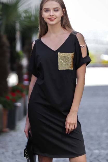 Μαύρο Γυναικείο Κοντομάνικο Φόρεμα Chiccy