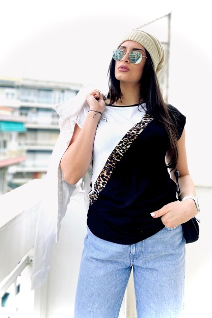 Ασπρόμαυρη Μπλούζα Denise Με Λεοπάρ Ρίγα