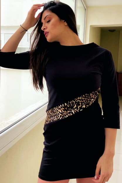 Mαύρο Φόρεμα Denise Με Ρίγα Λεοπάρ